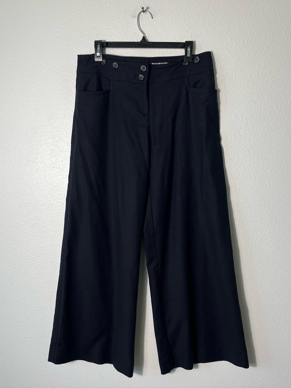 MaxMara Black Wide-Leg Trousers Button Waist Wool Black Size 10 Office Luxury
